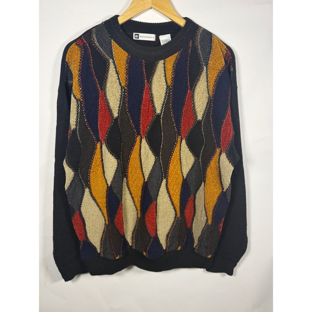 Bachrach Mens Vintage Abstract Geometric Diamond Crewneck Sweater Multicolor L